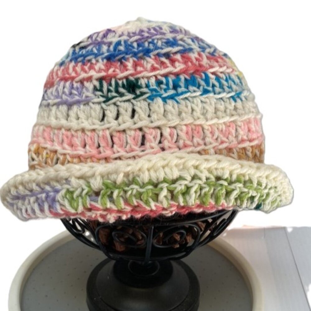 BUCKET Beanie HAT Multicolored Rainbow Handmade Crochet UNISEX 1 Size Fits Most